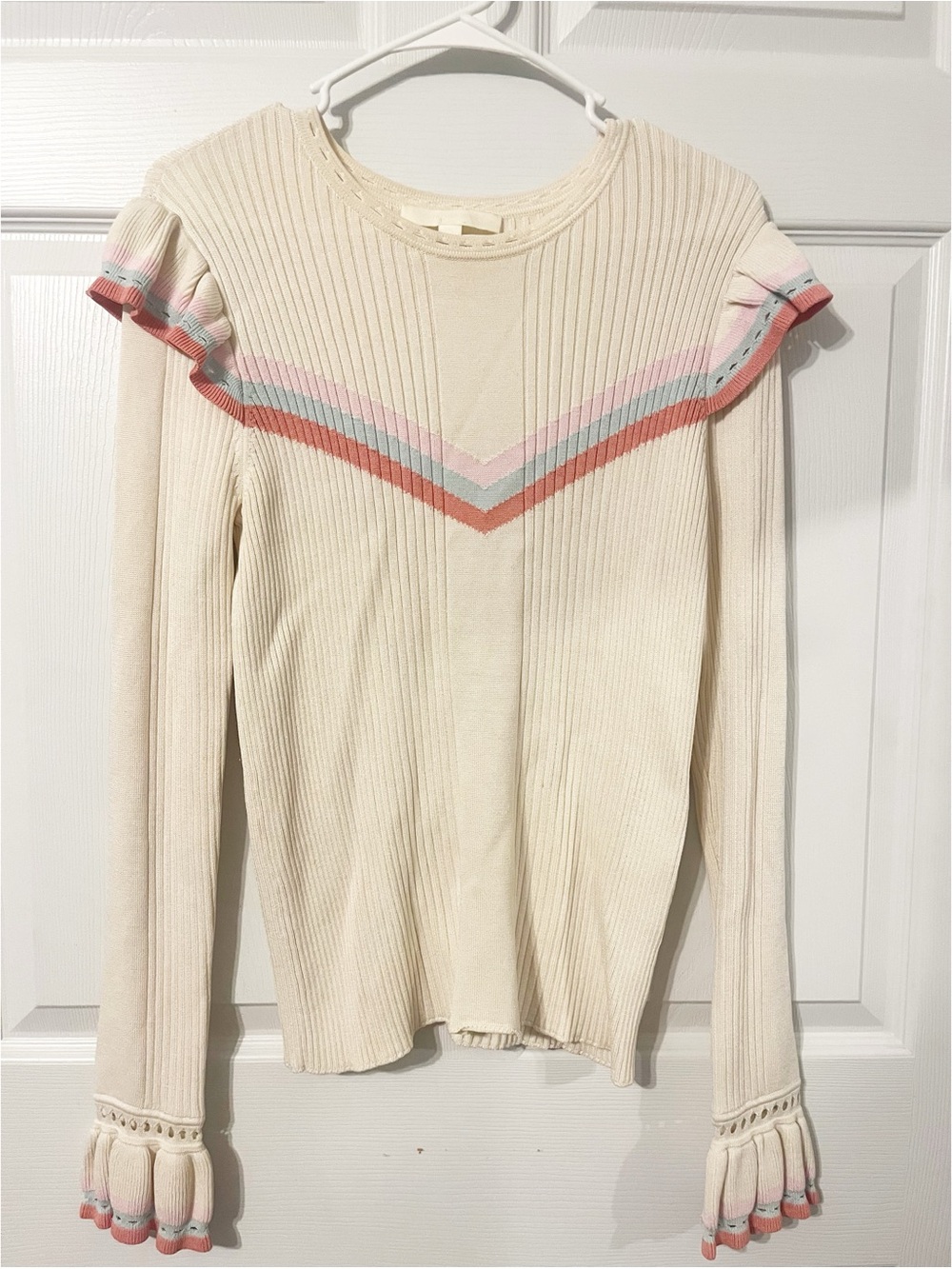 Jonathan Simkhai Cream Ribbed Long-Sleeve Top with Pink & Coral Chevron